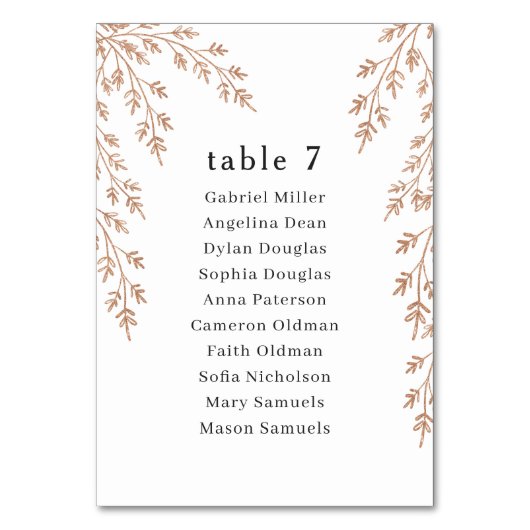 Goldenes Blattwerk. Hochzeitssitzplan für Singles Tischnummer (Vorderseite)