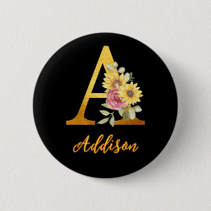 Goldenes Blumen-Initial A Monogramm Hochzeitsgesch Button