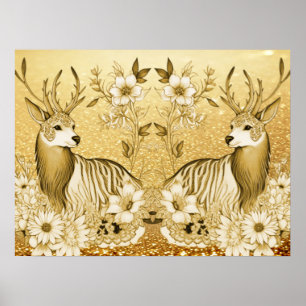 Goldenes Blumen-Rentier-Feiertagsplakat Poster