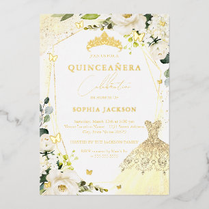 Goldenes Blumenkleid Quinceanera Folien-Einladung Folieneinladung