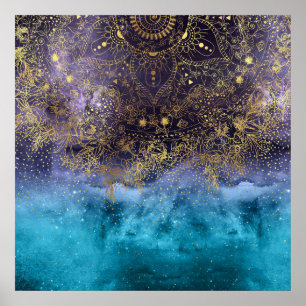 Goldenes Blumenmandala und Konfetti-Bild Poster