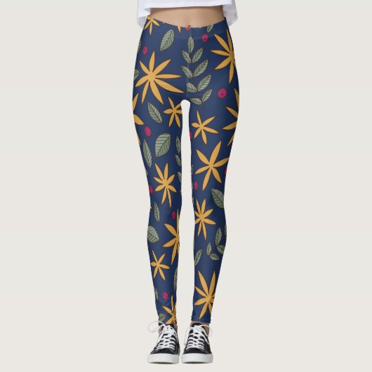 Goldenes Blumenmuster Botanisches Design Leggings (Vorderseite)