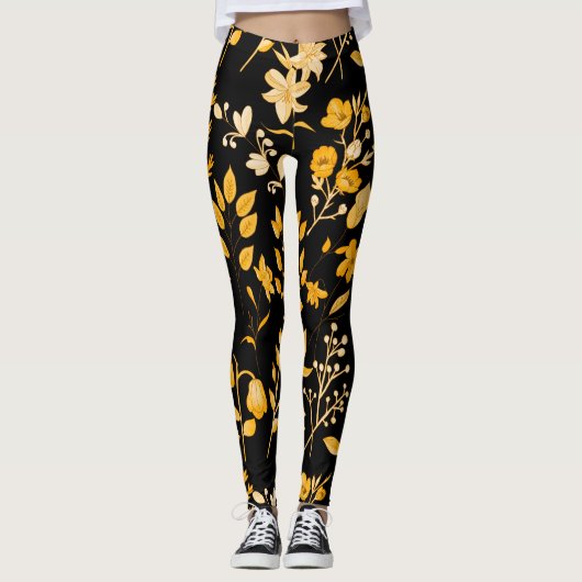 Goldenes Blumenmuster für den Herbst. Black BG Leggings (Vorderseite)