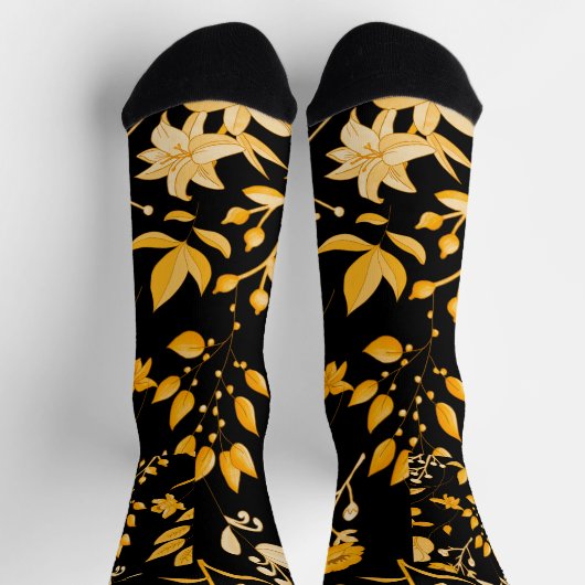 Goldenes Blumenmuster für den Herbst. Black BG Socken (Oben)