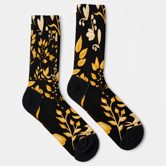Goldenes Blumenmuster für den Herbst. Black BG Socken (Rechts)