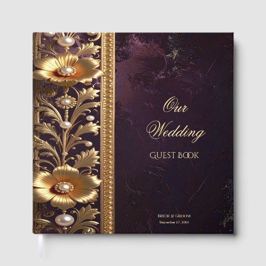 Goldenes Blumenornament mit Perlen Gästebuch (Vorderseite)