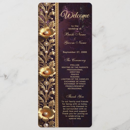 Goldenes Blumenornament mit Perlen Hochzeitsprogra Programm (Vorderseite)