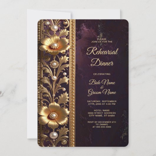 Goldenes Blumenornament mit Perlen Probe Einladung (Vorderseite)