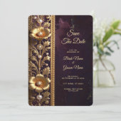 Goldenes Blumenornament mit Perlen Save The Date (Stehend Vorderseite)