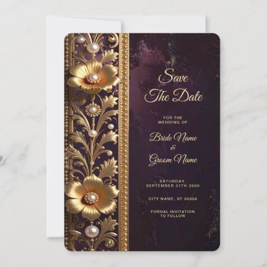 Goldenes Blumenornament mit Perlen Save The Date (Vorderseite)