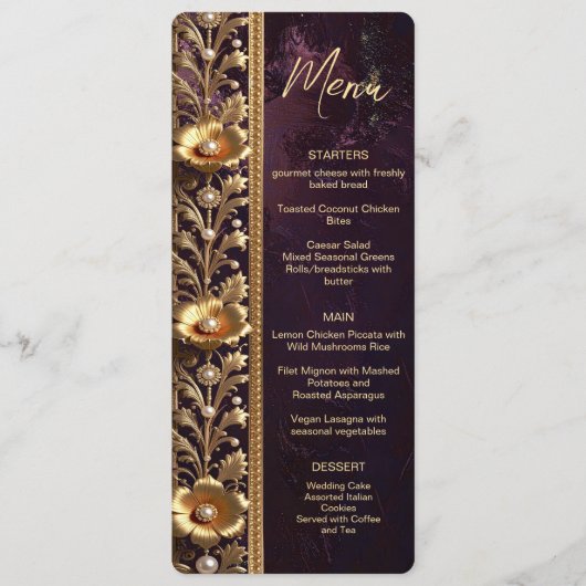 Goldenes Blumenschmuck-Menü mit Perlen Menükarte (Vorderseite)