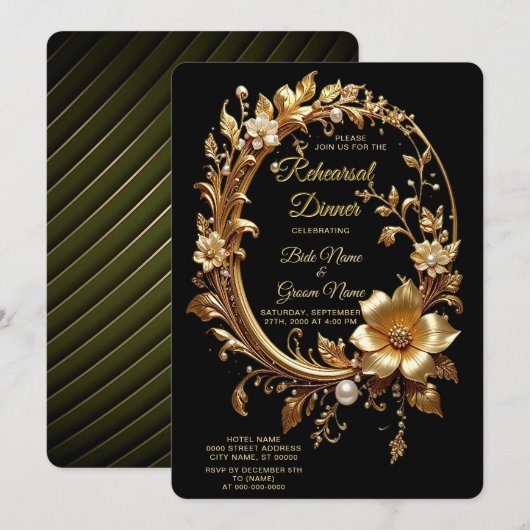 Goldenes Blumenschmuck-Rahmen-Probeessen Einladung (Vorne/Hinten)