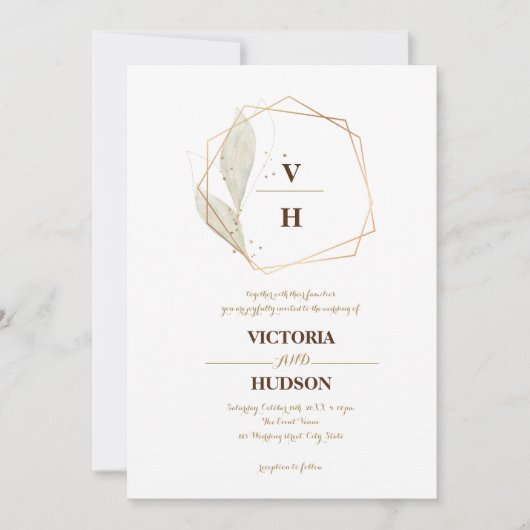 Goldenes botanisches Wappen-Monogramm Einladung (Vorderseite)