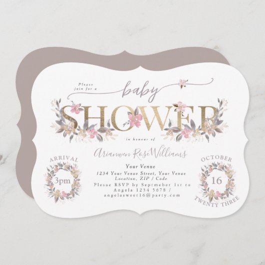 Goldenes Bouquet Fall Rosa Babydusche Einladung (Vorne/Hinten)