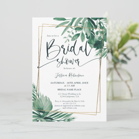 Goldenes Brautparty mit tropischer Vegetation Einladung (Stehend Vorderseite)