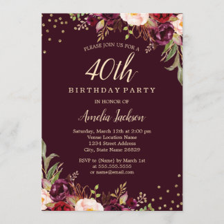 Goldenes Burgund-Blumensparkle 40. Geburtstags-Par Einladung