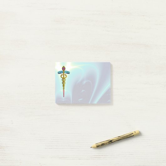 GOLDENES CADUCEUS-SYMBOL-MONOGRAMM aquamarines Post-it Klebezettel (Auf Schreibtisch)
