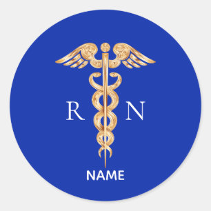 Goldenes Caduceus-Symbol und Monogramm der diplomi Runder Aufkleber