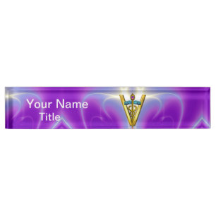 GOLDENES CADUCEUS-VETERINÄRsymbol lila aquamarine Namensplakette