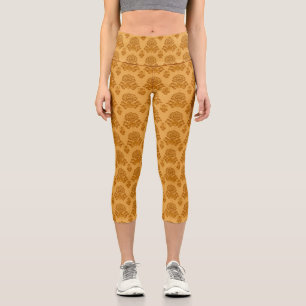 Goldenes Damast-Blumenmuster Capri Leggings