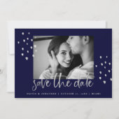 Goldenes Datum | Silver Script on Navy with Foto Save The Date (Vorderseite)