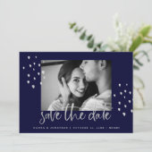 Goldenes Datum | Silver Script on Navy with Foto Save The Date (Stehend Vorderseite)