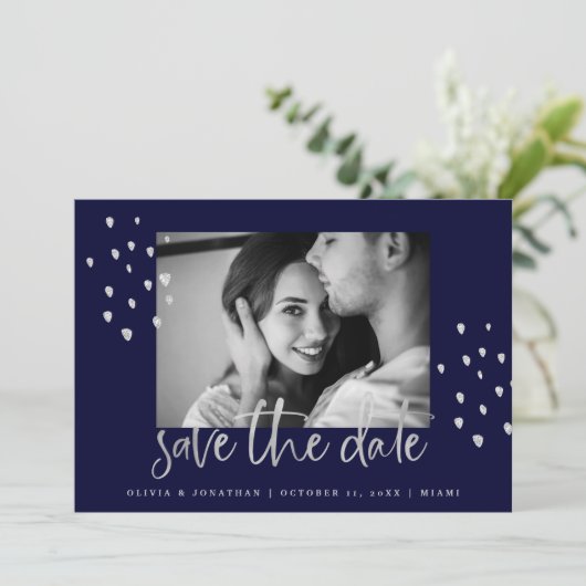 Goldenes Datum | Silver Script on Navy with Foto Save The Date (Stehend Vorderseite)