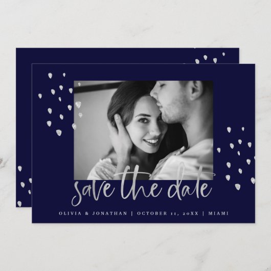 Goldenes Datum | Silver Script on Navy with Foto Save The Date (Vorne/Hinten)