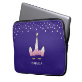 Goldenes Einhorn, Blume & Sterne auf Indigoblau Laptopschutzhülle (Vorderseite Links)