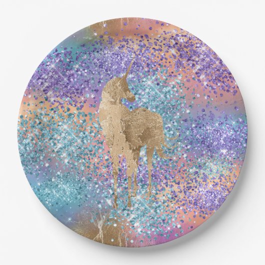 Goldenes Einhorn Sparkle Lila Aqua Rosa Glitzer Pappteller (Vorderseite)