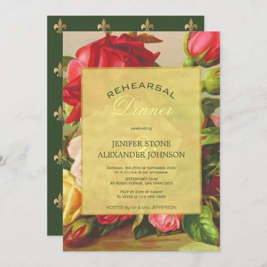 Goldenes, elegantes Abendessen mit Vintager Rose P Einladung (Vorne/Hinten)