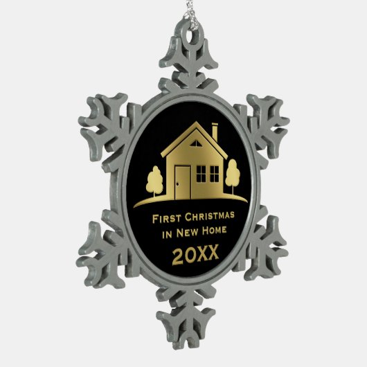 Goldenes erstes Weihnachten im neuen Zuhause 20XX Schneeflocken Zinn-Ornament (Links)