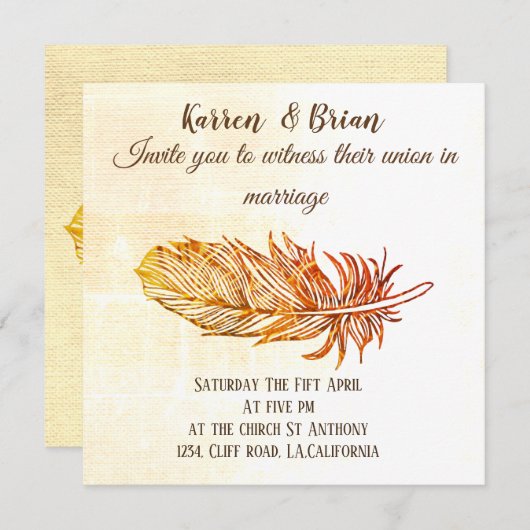 Goldenes Feather Hochzeit Einladung (Vorne/Hinten)