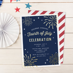 Goldenes Feuerwerk zum 4. Juli Party Folieneinladung