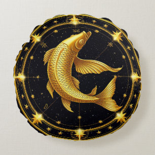 Goldenes Fische-Sternzeichen-Symbol umgeben von St Rundes Kissen
