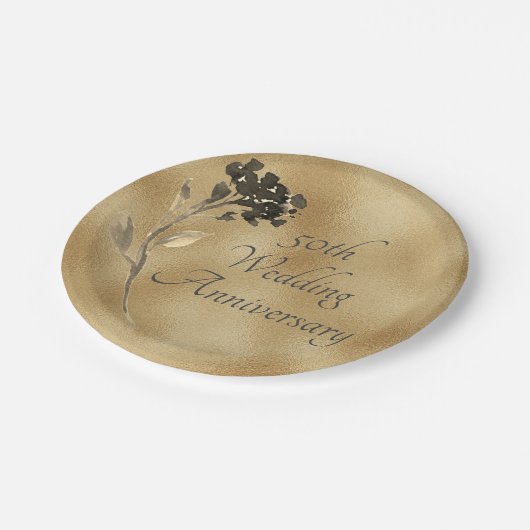 Goldenes Flora-Elegant zum 50. Jubiläum Pappteller (Schrägansicht)