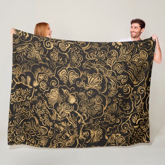 Goldenes florales Barockmuster auf Schwarz Fleecedecke (Beispiel)