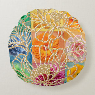 Goldenes florales Mosaik-Rundkissen Rundes Kissen