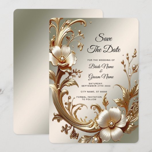 Goldenes florales Save-the-Date Save The Date (Vorne/Hinten)