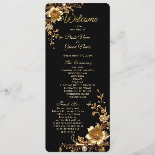 Goldenes florales verziertes Rahmen-Hochzeitsprogr Programm (Vorderseite)