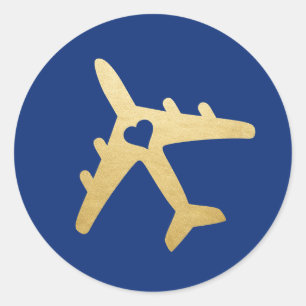 Goldenes Flugzeug Herz Reise Thema EDITIERBARE FAR Runder Aufkleber