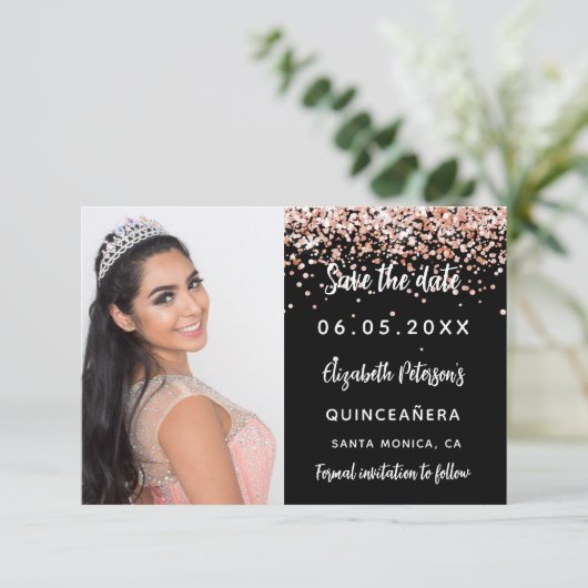 Goldenes Foto aus Quinceanera-Rose Save The Date (Stehend Vorderseite)