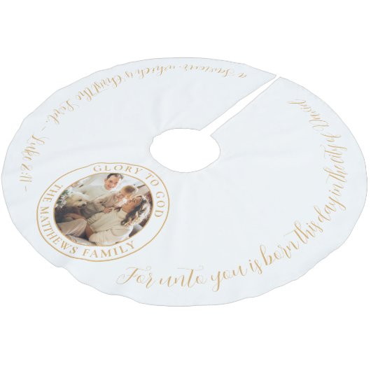 Goldenes Foto Religiöses Bibelverse Weihnachten Polyester Weihnachtsbaumdecke (Schrägansicht)