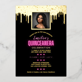 Goldenes FOTO Rosa 15. Geburtstag Quinceanera Foi Folieneinladung