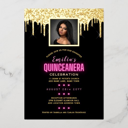 Goldenes FOTO Rosa 15. Geburtstag Quinceanera Foi Folieneinladung (Vorderseite)