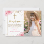 Goldenes Foto Rosa Bläserblüte Erste Heilige Kommu Dankeskarte (Vorderseite)