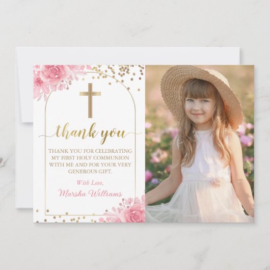 Goldenes Foto Rosa Bläserblüte Erste Heilige Kommu Dankeskarte (Vorderseite)