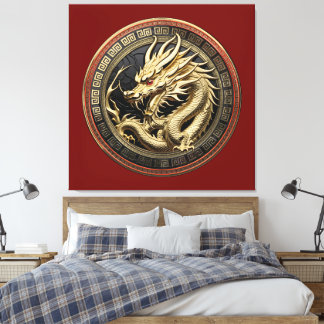 Goldenes geheiligtes östliches Drachenmedaillon Leinwanddruck