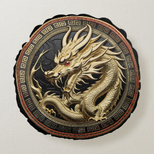 Goldenes geheiligtes östliches Drachenmedaillon Rundes Kissen