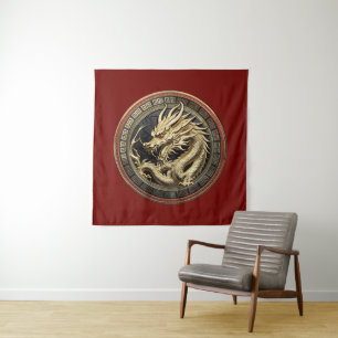 Goldenes geheiligtes östliches Drachenmedaillon Wandteppich